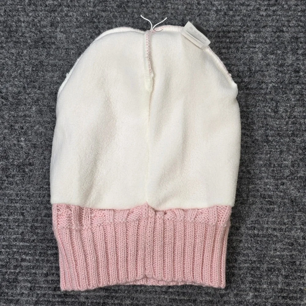 Eddie Bauer Cable Knit Beanie Girl's Pink Faux Fur‎ Pom Pom Fleece Lined Shimmer
